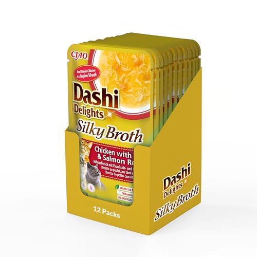 INABA Dashi Delights Silky Broth Katzenfutter nass, Huhn mit Thunfisch und Lachs 40 g (12er Pack), Premium Katzen Leckerlies in Sauce von INABA