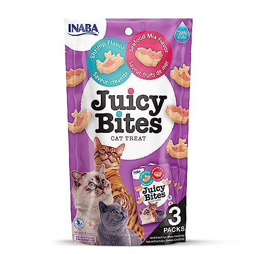 INABA Juicy Bites Katzen-Leckerlies - Knabbertaschen mit Saftigem Kern in Lustigen Formen - Mundgerechte Katzensnacks in 2 Geschmacksrichtungen - Garnelen und Meeresfrüchte 3 Beutel x11g von INABA