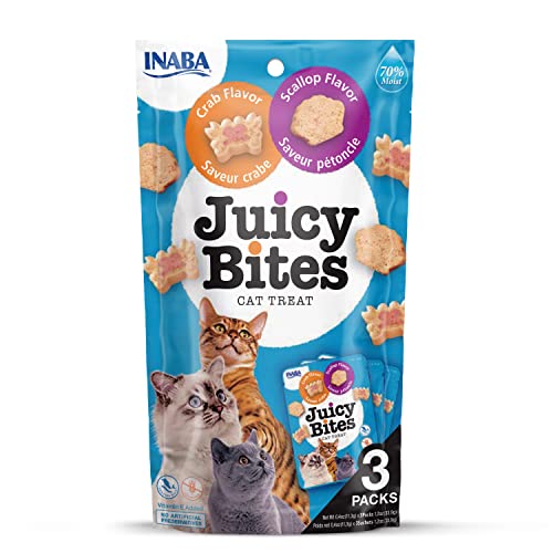 INABA Juicy Bites Katzenleckerlies - Knabbertaschen mit Saftigem Kern in Lustigen Formen - Mundgerechte Katzensnacks in 2 Geschmacksrichtungen, Krabben & Jakobsmuscheln 3 Beutel x11g von INABA