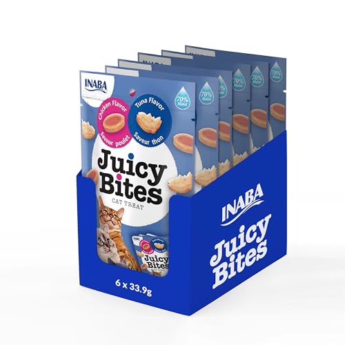 INABA Juicy Bites Katzen-Leckerlies - Knabbertaschen mit Saftigem Kern in Lustigen Formen - 2 Geschmacksrichtungen, Huhn & Thunfisch, 33g (6er Pack) von INABA