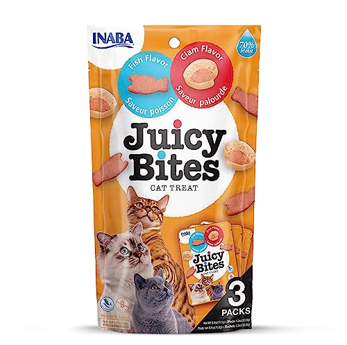 INABA Juicy Bites Katzenleckerlies - Knabbertaschen mit Saftigem Kern in Lustigen Formen - Mundgerechte Katzensnacks in 2 Geschmacksrichtungen, Fisch & Muscheln 3 Beutel x11g von INABA