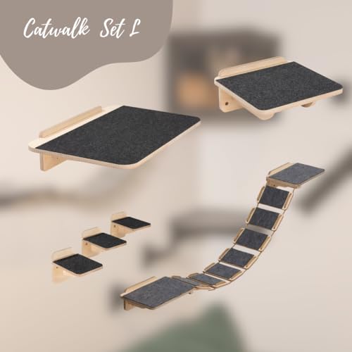 INEXTERIOR Catwalk – Katzenparcours Wand Sets – Kletterwand für Katzen – Gemütliche Liegeflächen – Brücke – Höhle – Filz - Katzentreppe (Set L (6-teilig), Natur) von INEXTERIOR