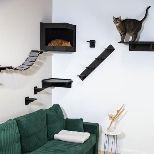 INEXTERIOR Catwalk – Katzenparcours Wand Sets – Kletterwand für Katzen – Gemütliche Liegeflächen – Brücke – Höhle – Filz - Katzentreppe (Set S (4-teilig), Schwarz) von INEXTERIOR