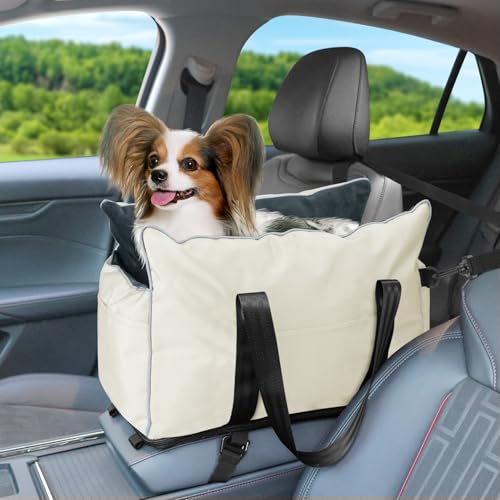 Hunde Autositz für kleine Hunde Katzen, Mittelkonsole für Hunde,Abnehmbare Waschbare Haustier-Autositze mit Pelzigem für kleine Hunde Welpen, Weich und Warm (Beige, Klein) von INFANZIA