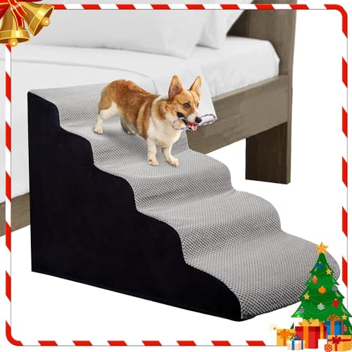 5 Stufen 61.0 cm Hundetreppe, Hundetreppe für hohe Betten 63.5-71.1 cm hoch, Hundetreppe für kleine Hunde/Katzen, ältere verletzte Haustiere mit Gelenkschmerzen, rutschfeste 30D Hochdichte Schaumstoff von INRLKIT