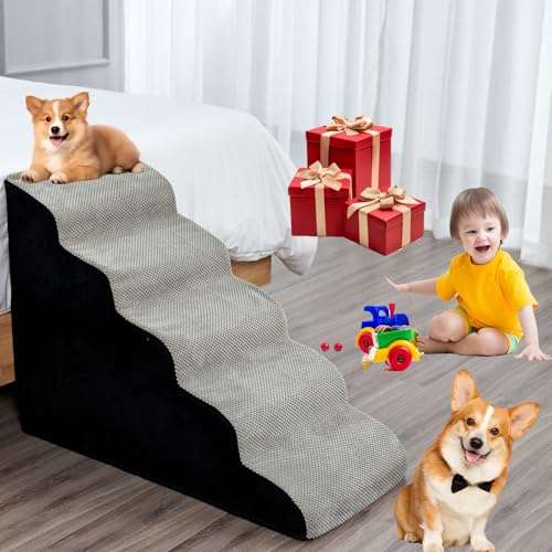 61.0 cm 5 Stufen Hundetreppe, Hundetreppe für hohe Betten 24-28 Zoll hoch, Hundetreppe für kleine Hunde/Katzen, ältere verletzte Haustiere mit Gelenkschmerzen, rutschfeste 30D Hochdichte Schaumstoff von INRLKIT