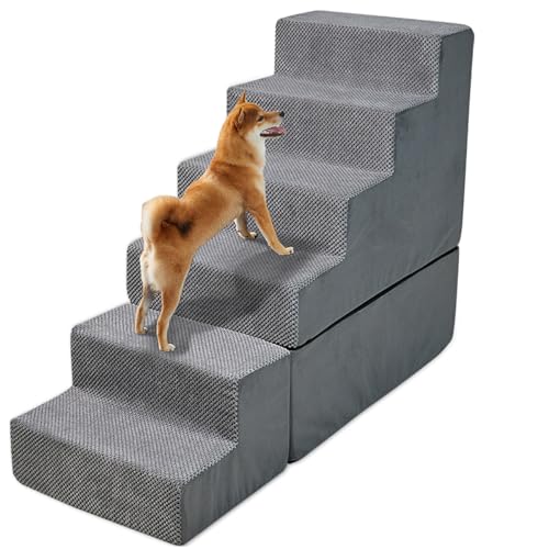 INRLKIT Hundetreppe für hohe Betten, 76,2 cm hoch, Schaumstoff-Hundetreppe und Hundetreppe für hohe Betten, 76,2–91,4 cm hoch, für kleine, mittelgroße Hunde, alte Katzen, Kätzchen, Kleintiere (grau) von INRLKIT