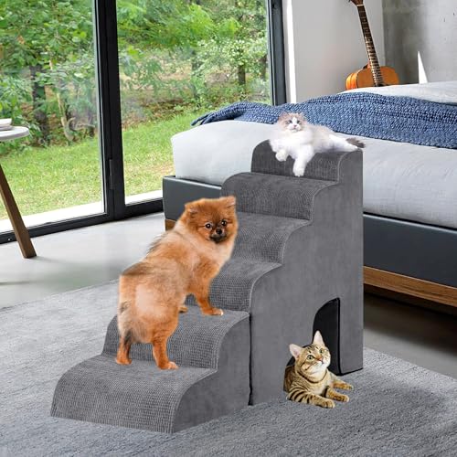 INRLKIT Hundetreppe und Treppe für 73,7 cm hohes Bett, Hunderampe für kleine Hunde, verletzte Hunde, alte Katzen, Kätzchen, Kleintiere (grau, bis zu 76,2 cm, 78,9 cm, 81,3 cm, 81,3 cm großes Bett) von INRLKIT