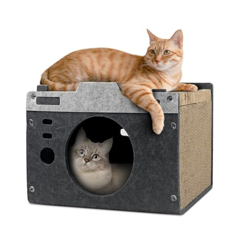 Katzenhaus aus Karton, 2-in-1-Katzenhaus für Indoor-Katzen mit gewelltem Kratzbrett (Kamerastyle) von INRLKIT