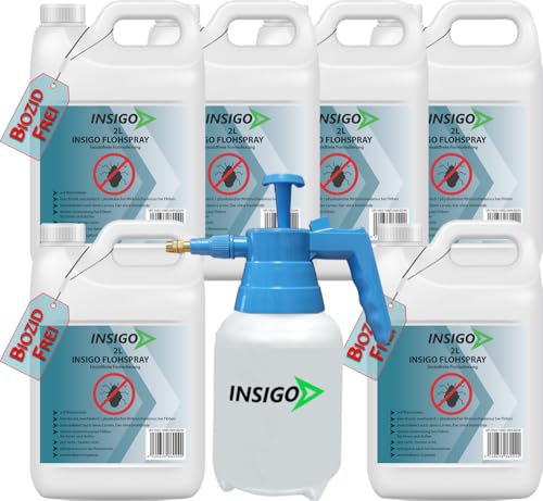 INSIGO Flohspray für Wohnung und Möbel 12L + 2L Drucksprüher - Abwehrspray gegen Flöhe mit Sofortschutz - Floh-Spray für Hunde und Katzen - Flohmittel hochwirksam & laborgeprüft von INSIGO