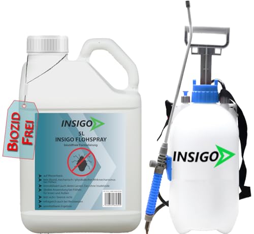 INSIGO Flohspray für Wohnung und Möbel 5L + 5L Drucksprüher - Abwehrspray gegen Flöhe mit Sofortschutz - Floh-Spray für Hunde und Katzen - Flohmittel hochwirksam & laborgeprüft von INSIGO