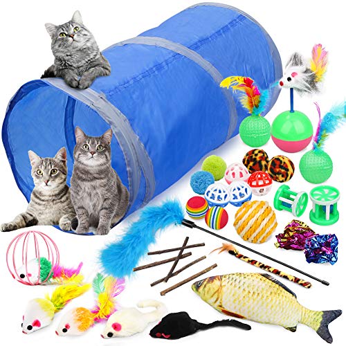 Katzenspielzeug für Indoor-Katzen, zusammenklappbarer Tunnel, interaktiver Federstab, Ball, Federmäuse, Spielzeug für Welpen, Kätzchen, 32 Stück von INSPIMYST