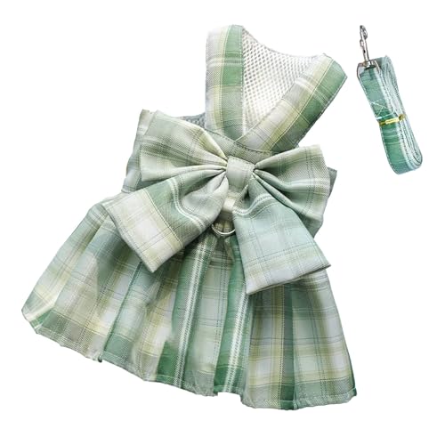 Bogen Hundehalsband Rock Niedliches Haustiergeschirr mit Brustgurt Zugseil Katze Hunde Kleidung Geschirr Weste Prinzessin Tutu Kleid Rock (Color : 4-Green-Skirt, Size : XXL(7-10kg)) von INSTR