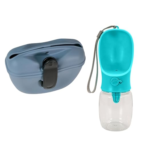 INTIRILIFE Hunde Set Blau: Silikon Leckerlibeutel & Kunststoff Trinkflasche - Trocken Futterbeutel mit Clip, Trinkwasser für Hundetraining, Spaziergänge und Unterwegs von INTIRILIFE