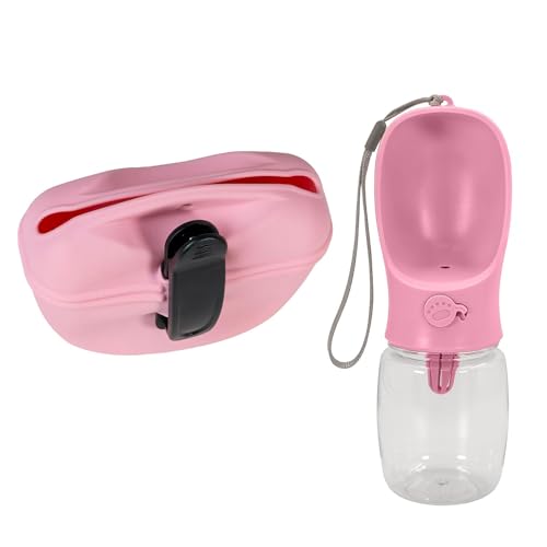 INTIRILIFE Hunde Set Rosa: Silikon Leckerlibeutel & Kunststoff Trinkflasche - Trocken Futterbeutel mit Clip, Trinkwasser für Hundetraining, Spaziergänge und Unterwegs von INTIRILIFE