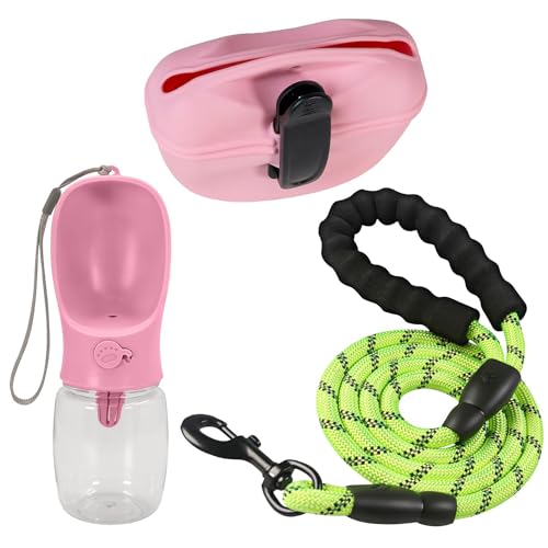 INTIRILIFE Hundeleinen Set Rosa: Leckerlibeutel & Trinkflasche & Hundeleine - Futterbeutel mit Clip, Wasserflasche, Haustierleine reflektierend für Hundetraining, Spaziergänge und Unterwegs von INTIRILIFE