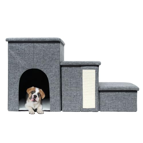 Intirilife Faltbare Hundetreppe mit 3 Stufen in Grau -72x32,5x43 cm- Haustiertreppe mit Stauraum -Katzentreppe Kratzmatte Höhle- Aufbewahrungsboxen, Treppe für kleine Hunden für Sofa Bett Couch von INTIRILIFE