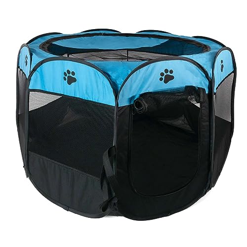 Intirilife Laufstall für Haustiere 77 x 58 cm Spielzelt aus Oxford-Gewebe in Blau mit Pfoten - Faltbar mit Tragetasche für Hunde Katzen Welpen Stall Tierlaufstall von INTIRILIFE