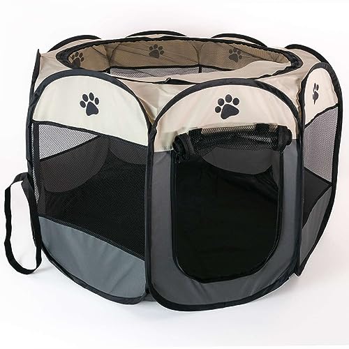 Intirilife Laufstall für Haustiere 77 x 58 cm Spielzelt aus Oxford-Gewebe in Grau mit Pfoten - Faltbar mit Tragetasche für Hunde Katzen Welpen Stall Tierlaufstall von INTIRILIFE