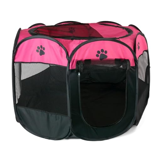 Intirilife Laufstall für Haustiere 77 x 58 cm Spielzelt aus Oxford-Gewebe in Pink mit Pfoten - Faltbar mit Tragetasche für Hunde Katzen Welpen Stall Tierlaufstall von INTIRILIFE