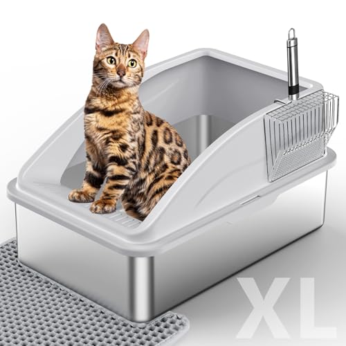 Katzentoilette aus Edelstahl, extra große Katzentoiletten für große Katzen, XL Metall Katzentoilette mit Deckel, Anti-Urinleckage, nicht klebrig, inklusive Katzenmatte und Streuschaufel von INVENHO