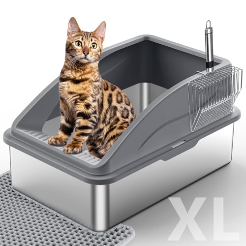 Geschlossene Katzentoilette aus Edelstahl mit Deckel, XL Extra große Metall-Katzentoilette für große Katzen, hochseitige Katzentoilette, Anti-Urinleckage, nicht klebrig, inklusive Katzenmatte und von INVENHO