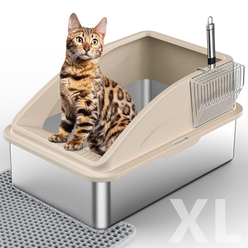 Geschlossene Katzentoilette aus Edelstahl mit Deckel, XL Extra große Metall-Katzentoilette für große Katzen, hochseitige Katzentoilette, Anti-Urinleckage, nicht klebrig, inklusive Katzenmatte und von INVENHO