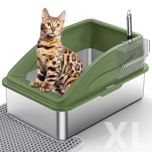 Katzentoilette aus Edelstahl, extra große Katzentoiletten für große Katzen, XL Metall Katzentoilette mit Deckel, Anti-Urinleckage, nicht klebrig, inklusive Katzenmatte und Streuschaufel von INVENHO