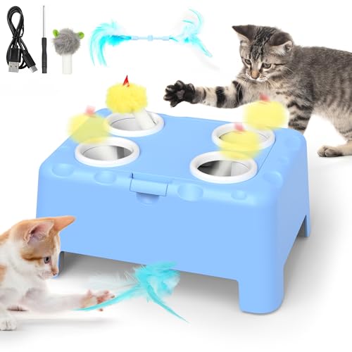 IOKHEIRA Interaktives Katzenspielzeug, 2-in-1 Automatisches Katzenspielzeug, 4-Loch-Mäuse-Schlag-eine-Maulwurf Katzenmaus-Spielzeug mit bewegender Feder, USB wiederaufladbares Kätzchenspielzeug von IOKHEIRA