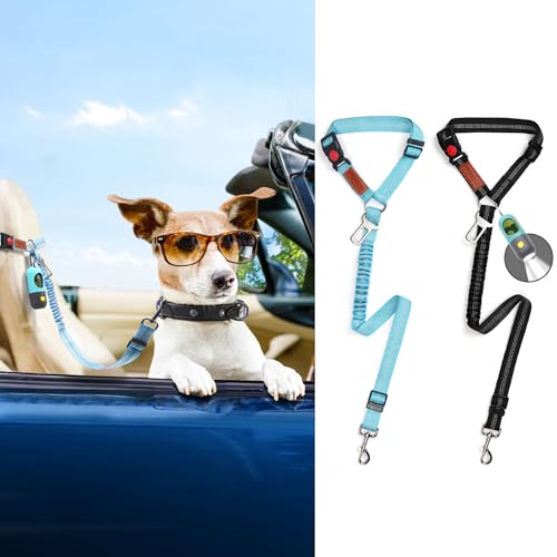 Hundegurt fürs Auto, 2 in 1 Verstellbarer Anschnallgurt Hunde Sicherheitsgurt mit Rückdämpfung für alle Hunderassen Katzen & Autotypen Sicherheitsgeschirr mit Reflektierenden Streifen (Blau) von IPETBA