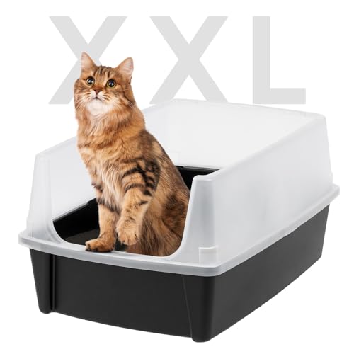 IRIS USA Extra große offene Katzentoilette mit Streuschild, robust, leicht zu reinigen, Open Air Kitty Katzentoilette mit hohem Sprühkopf und Streuschutz, Schwarz von Iris Ohyama