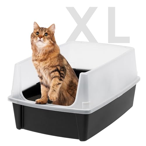 IRIS USA Extra große offene Katzentoilette mit Streuschild, robust, leicht zu reinigen, Open Air Kitty Katzentoilette mit hohem Sprühkopf und Streuschutz, Schwarz von Iris Ohyama