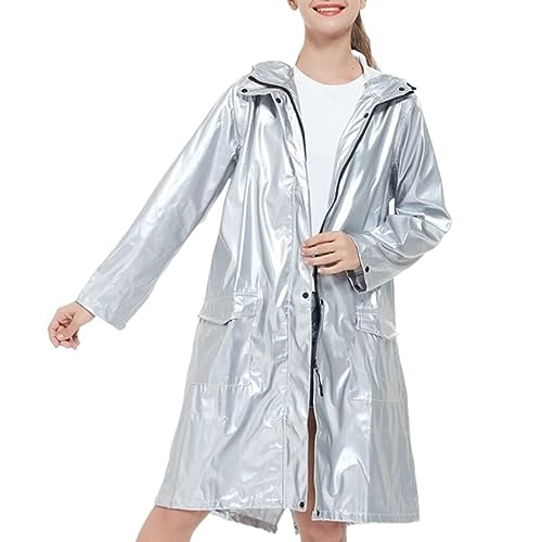 IRYZE Regenponcho Regenjacke Cooler Langer Regenmantel Aus Weichem Leder In Silber Und Rotem Regensturmnetz Und Damen-Paarjacke Regenmantel Regencape (Color : Silver, Size : L) von IRYZE