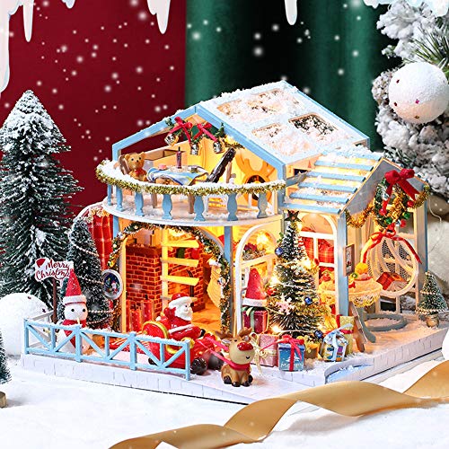 ISAKEN Häuser für Minipuppen,DIY Weihnachten Miniatur Haus Puppenhaus Kit, 3D Holzhaus Modell Handwerk mit Santa Claus Rentier Schneenacht Möbeln Musik Licht Dollhouse,Geschenk Spielzeug für Kinder von ISAKEN