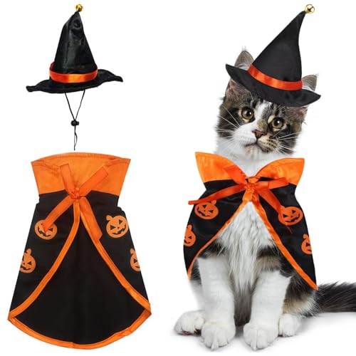 Hexenkostüm, Halloween-Kostüm, Zaubererhut und Umhang mit Kürbismuster, Hundekleidung für kleine Hunde, Katzen, Welpen, Kätzchen, Vampirumhang, Party-Outfit, lustige Kleidung (Kürbisumhang mit Hut) von ISDULA