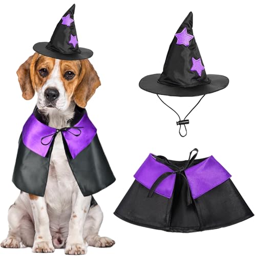 Hexenkostüm für Hunde, Halloween-Kostüm, Haustier-Zaubererhut und Umhang, Hundekleidung für kleine und mittelgroße Hunde, Katzen, Welpen, Kätzchen, Cosplay, Vampirumhang, Party-Outfit, lustige von ISDULA