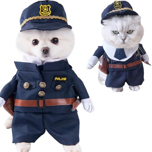 Polizei-Hundekostüm, lustiges Halloween-Kostüm für Hunde und Katzen, Cosplay, Polizisten-Uniform mit Hut, Hundekleidung für kleine, mittelgroße Hunde, Katzen, Welpen, Kätzchen, Party-Outfit, cooler von ISDULA