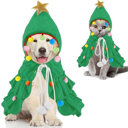 Weihnachtlicher Hundeumhang, Haustier-Weihnachtsbaum-Kostüm, Welpe, Umhang mit Stern und Pompons, Hundekleidung für kleine und mittelgroße Hunde und Katzen, Cosplay-Party, Hunde-Outfit, Kleidung, von ISDULA