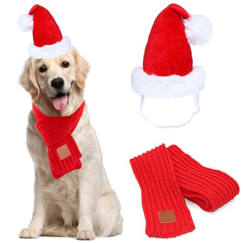 Weihnachts-Hundekostüm, 2 Stück, Weihnachtsmannmütze und Schal, verstellbare Haustier-Weihnachtsmann-Mütze, gestrickter roter Schalldämpfer, Hundekleidung für kleine, mittelgroße Hunde und Katzen, von ISDULA