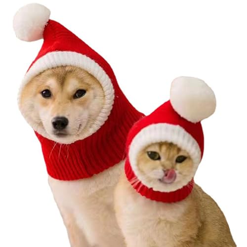 Weihnachtsmütze für Hunde, gehäkelt, Schlauchschal mit Pompon, warme Wintermütze für kleine und mittelgroße Hunde und Katzen, roter Hals, Ohrenwärmer, Stirnband, Strick, Schlauchschal, Kopfbedeckung, von ISDULA