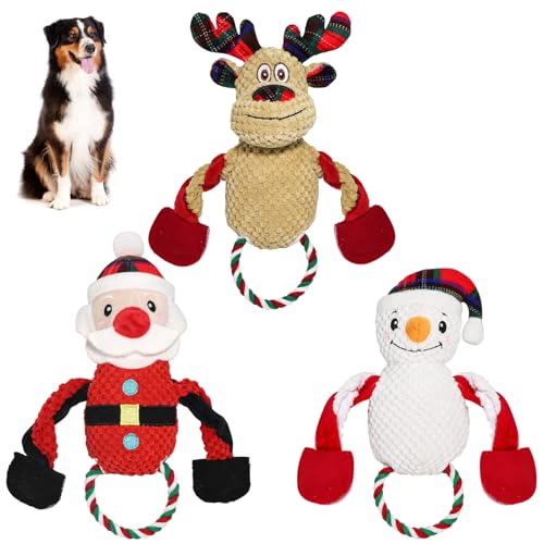 ISKIHO Weihnachts-Hundespielzeug, quietschendes Spielzeug, Weihnachtsmann, Rentier und Schneemann, Kauspielzeug, Stofftiere, Welpenspielzeug, interaktives, langlebiges Kauspielzeug für Hunde (3 Stück) von ISKIHO