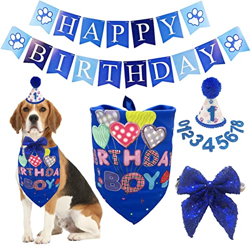 Hund Geburtstag Bandana Hut Schal Set, Hund Geburtstag Party Supplies Hund Bandana Hut mit Zahlen Schals Happy Birthday Banner mit süßem Hund Fliege Halsband Junge Mädchen Welpe Geburtstag Hut Schal von ISMARTEN