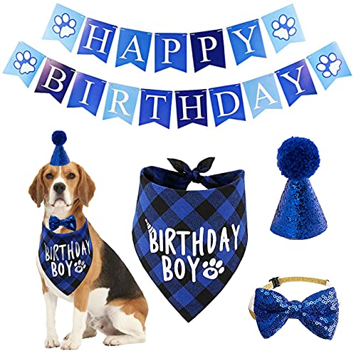 Hund Geburtstag Bandana Hut Schal Set Party Supplies Schals Happy Birthday Banner mit niedlicher Fliege Kragen Junge Mädchen Welpe Klassisches Karo Design für von ISMARTEN