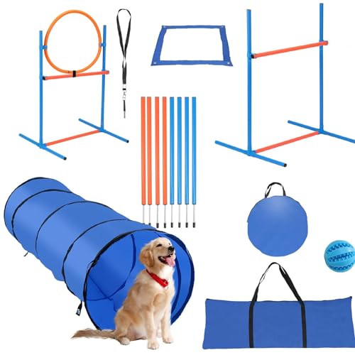 ITECHNIK Agility Set Hunde,Agility Set Ausrüstungs für Hunde, Agility Ausrüstung für Hundetraining Spiele mit Hundetunnel, Hürden, 8 Slalomstangen, Springring, 2 Tennis Ball Spielzeuge, Pause-Box von ITECHNIK