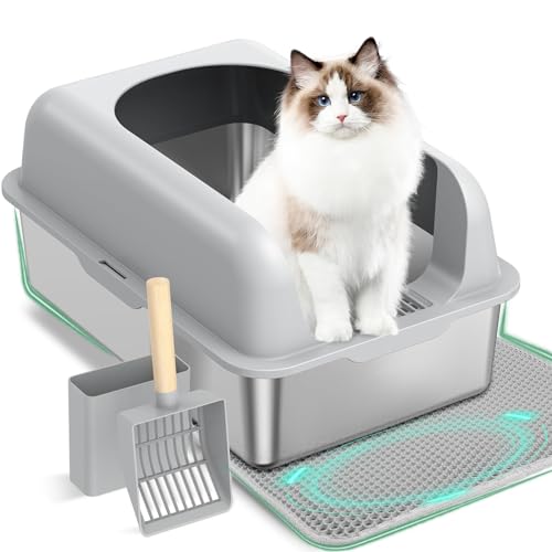 ITEFDTUTNE Katzentoilette Edelstahl mit Deckel, Halbgeschlossene Katzenklo XXL für Big Kitty, Metall Extra große hochseitige Antihaft-Box, Anti-Urin-Leckage inklusive Katzenmatte und Schaufel von ITEFDTUTNE