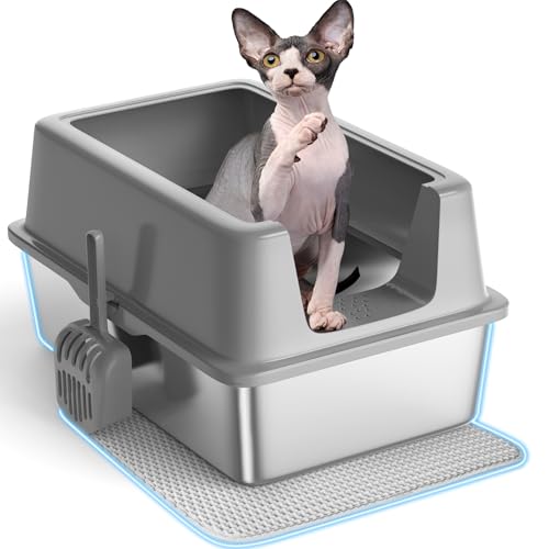 XXL Katzentoilette Edelstahl mit Deckel, Halbgeschlossene Katzenklo XXL für Big Kitty, Metall Extra große hochseitige Antihaft-Box, Anti-Urin-Leckage inklusive Katzenmatte und Schaufel von ITEFDTUTNE