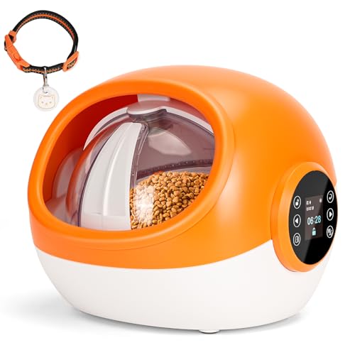 Mikrochip Futterautomat Katze, Katzenfutter Automat mit RFID-Halsbandanhänger, Dual Powered Electric Pet Feeder, Automatische Futterautomat Katze Nassfutter für Nass- und Trockenfutter, Orange von ITEFDTUTNE