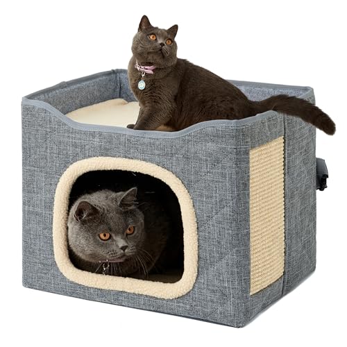 ITENT Katzenbetten für Indoor-Katzen – Katzenhaus mit Kratzpad, faltbares Katzenbett, Katzenhöhle zum Verstecken, 40,6 x 40,6 x 33 cm, Grau von ITENT