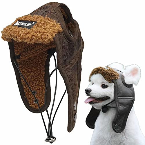 Mütze Hund Trappermütze Winter Hundemütze mit Ohrlöchern Fliegermütze Haustier Wintermütze Verstellbar Hundecap PU Leder Hundehut Warm Windschutz Haustiermütze Outdoor Fellmütze Welpen Katze von ITODA