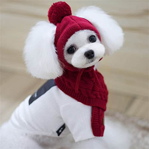 Mütze Kleine Hund Wintermütze mit Ohrlöchern Hundemütze Schal Set Welpe Strickmütze Winter Herbst Hundehut mit Pompon Haustiermütze Warm Hundekostüm Verstellbar Haustiermütze Weihnachten Geschenk von ITODA